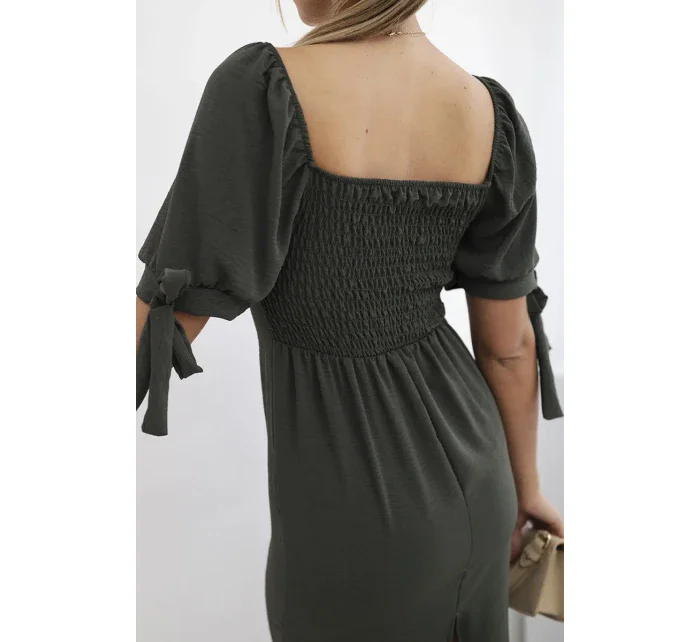 Šaty vzadu nařasené se zavazovacími rukávy khaki Šaty vzadu nařasené se zavazovacími rukávy khaki