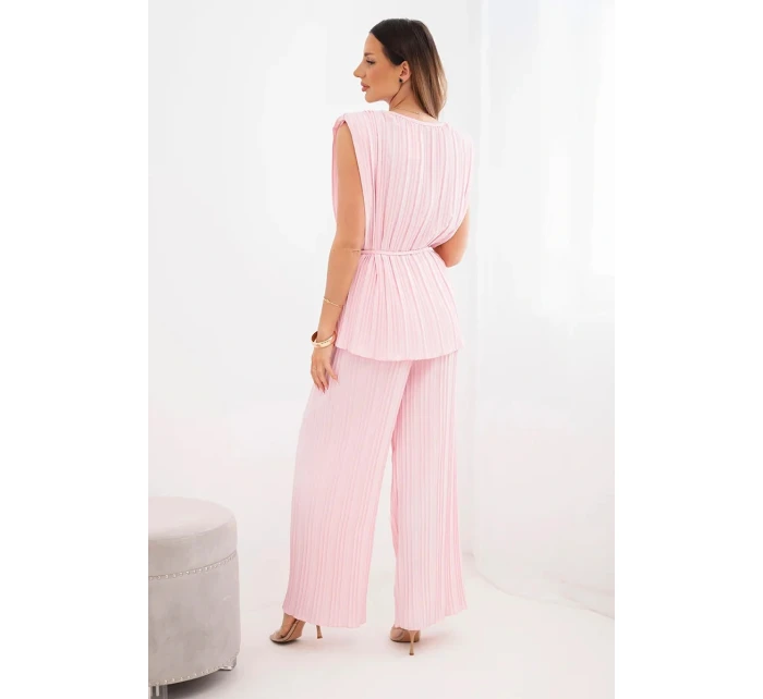 Dámský viskózový plisovaný komplet s vázanou halenkou a širokými kalhotami cukrově růžová