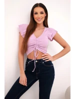 Dámská pruhovaná žebrovaná halenka na ramínkách s volánkem fialová