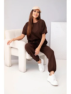 Dámský bavlněný komplet halenka s krátkým rukávem a teplákové kalhoty hnědý