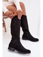 Dámské perforované kozačky na nízkém podpatku S.Barski HY61-8023 Černé