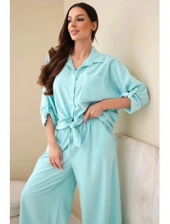 Dámský bavlněný komplet s uvázanou košilí a širokými nohavicemi mentolový