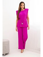 Dámský viskózový plisovaný komplet s halenkou na zavazování a širokými kalhotami tmavě fialový