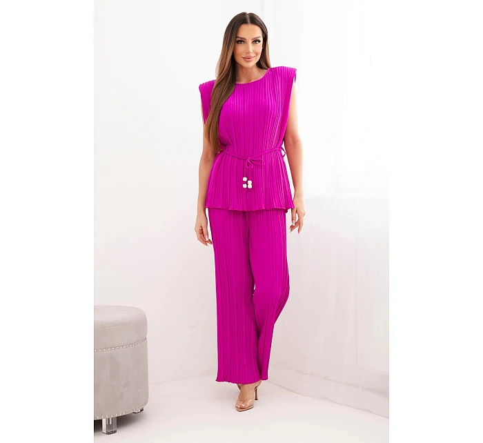 Dámský viskózový plisovaný komplet s halenkou na zavazování a širokými kalhotami tmavě fialový