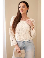 Dámský ažurový svetr s květinovým vzorem béžový