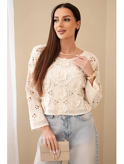 Dámský ažurový svetr s květinovým vzorem béžový