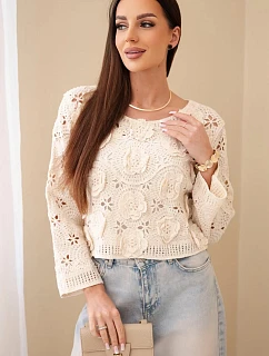 Dámský ažurový svetr s květinovým vzorem béžový