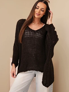 Dámský svetr dírkovaný oversize s výstřihem do V a delším zadním hnědý