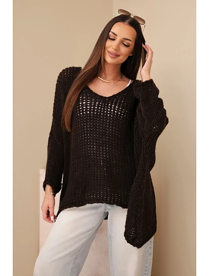 Dámský svetr model 22293694 oversize s výstřihem do V a delším zadním hnědý - K-Fashion