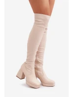 kozačky nad kolena na podpatku jasně béžové model 21681387 - Boto