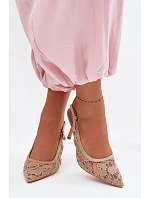 Dámské sandály na podpatku s krajkou tmavě béžové Pelivelle Dámské sandály na podpatku s krajkou tmavě béžové Pelivelle