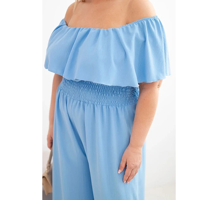 Dámský overal Plus Size s odhalenými model 22092406 s volánem a širokými nohavicemi modrý - K-Fashion