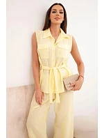 Dámský komplet s vázanou halenkou a širokými kalhotami žlutý