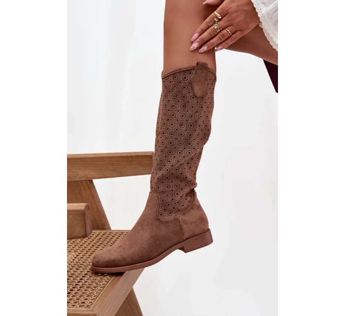 Dámské kozačky na ploché podrážce s vzorem  hnědé model 21713557 - S.Barski