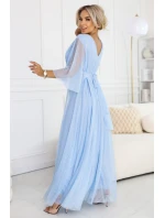 654-3 Dlouhé třpytivé plus size šaty s výstřihem a průhlednými rukávy - modré 654-3 Dlouhé třpytivé plus size šaty s výstřihem a průhlednými rukávy - modré