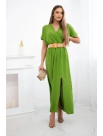 Dlouhé šaty s ozdobným páskem oliva