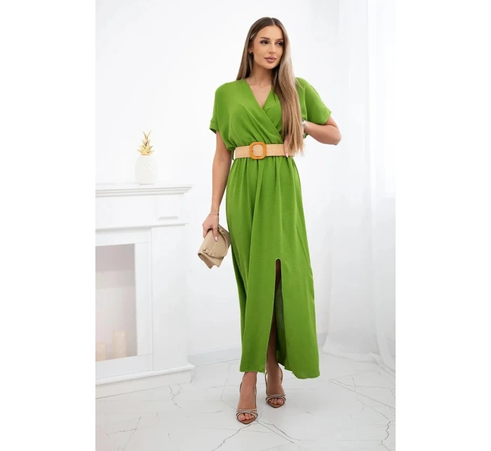 Dlouhé šaty s ozdobným páskem oliva