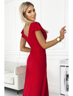 CRYSTAL - Dlouhé červené lesklé dámské šaty s výstřihem 411-2