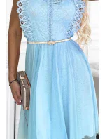 454-4 Šaty GRETA s krajkou a zlatým páskem - MODRÉ