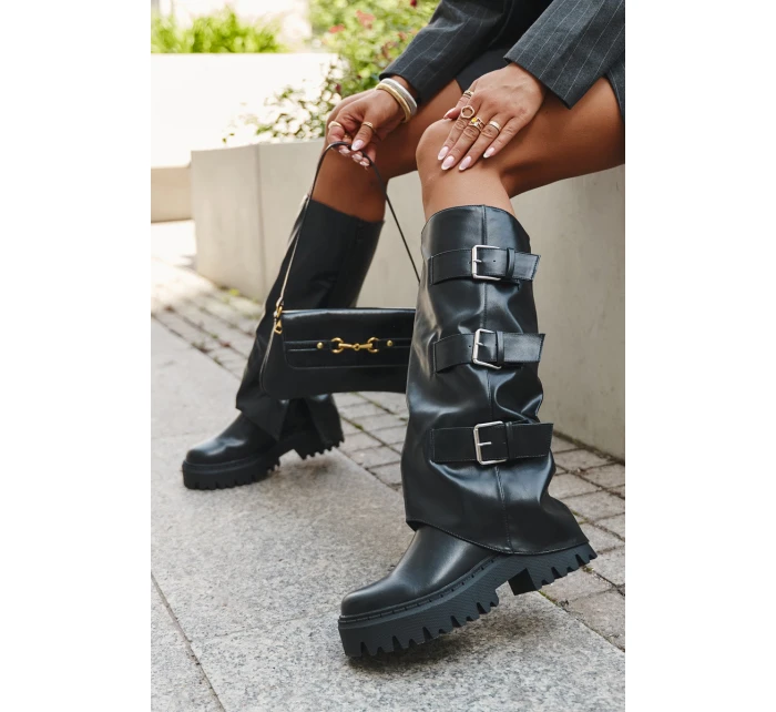 Dámské kozačky s teplou podšívkou se stříbrnými přezkami Isavine – černé
