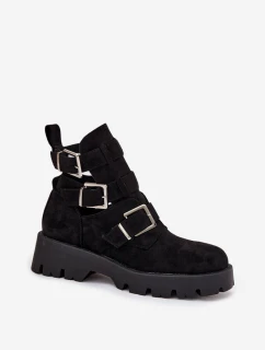 Dámské kotníkové boty s pásky a stříbrnými přezkami Helisse - černé