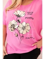 Dámská blůza Plus Size z viskózy s květinovým potiskem a nápisem růžová