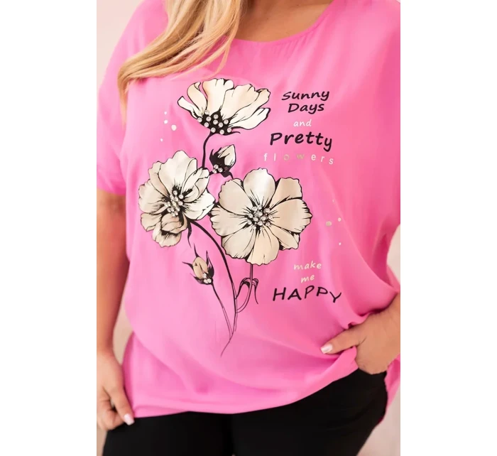 Dámská blůza Plus Size z viskózy s květinovým potiskem a nápisem růžová