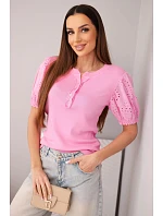 Dámská bavlněná žebrovaná halenka s model 22045185 rukávem a knoflíky růžová - K-Fashion