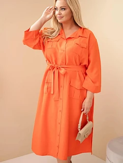 Dámské bavlněné košilové šaty Plus Size s páskem oranžová