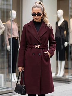 Elegantní dámský dvouřadý kabát s páskem v barvě bordó, FashionStreet NY0788