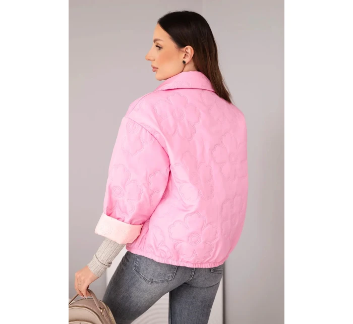 Dámská jarní prošívaná bunda s květinovým vzorem cukrově růžová