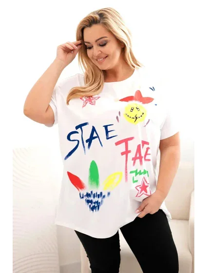 Dámská bavlněná halenka Plus Size s barevným potiskem bílý