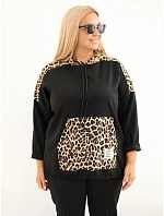 Dámská viskózová mikina Plus Size s kapucí a leopardími vsadkami černá Dámská viskózová mikina Plus Size s kapucí a leopardími vsadkami černá
