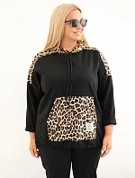 Dámská viskózová mikina Plus Size s kapucí a leopardími vsadkami černá