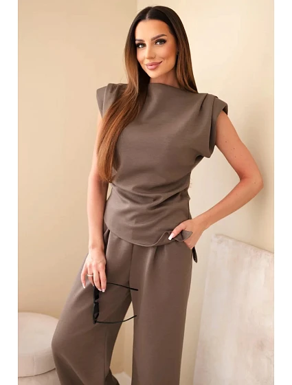 Komplet asymetrická halenka + kalhoty mocca