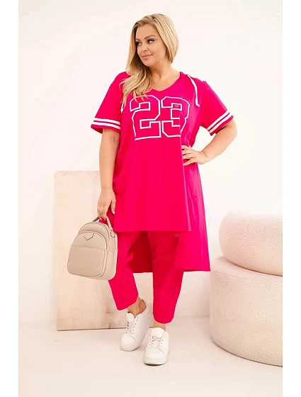 Dámská bavlněná souprava Plus Size s halenkou s kapucí a kalhotami fuchsiová Dámská bavlněná souprava Plus Size s halenkou s kapucí a kalhotami fuchsiová