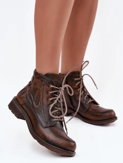 Dámské kotníkové boty z pravé kůže na ploché podrážce model 21713963 hnědé - Maciejka