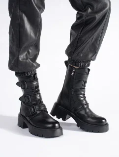 Jedinečné  kotníčkové boty dámské černé na širokém podpatku