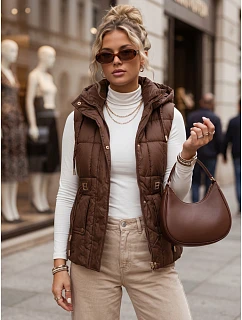 Dámská prošívaná vesta s kapucí, hnědá, FashionStreet TY5975