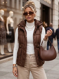 Dámská prošívaná vesta s kapucí, hnědá, FashionStreet TY5975