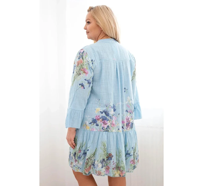 Dámské bavlněné šaty Plus Size s výstřihem do V a knoflíky s květinovým vzorem modrá