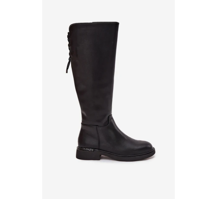 Zateplené dámské kozačky z pravé kůže na nízkém podpatku model 21713362 Černé - VINCEZA