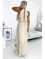 Béžové plisované dámské midi šaty s ve tvaru ve výstřihu model 22064814 - numoco basic Béžové plisované dámské midi šaty s ve tvaru ve výstřihu model 22064814 - numoco basic