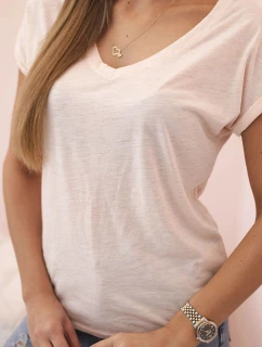 Dámská bavlněná halenka s V výstřihem a krátkým rukávem pudrově růžová