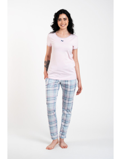 Glamour dámské pyžamo, krátký rukáv, dlouhé nohavice - růžová/potisk