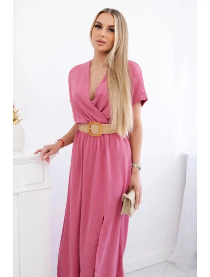 Dlouhé šaty s ozdobným páskem tmavě růžová