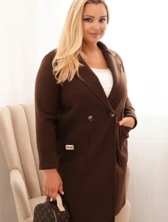 Dámský elegantní kabát Plus Size s límcem a velkými kapsami hnědý