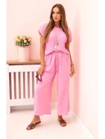 Viskózový komplet plisovaná halenka + kalhoty bonbónově růžová