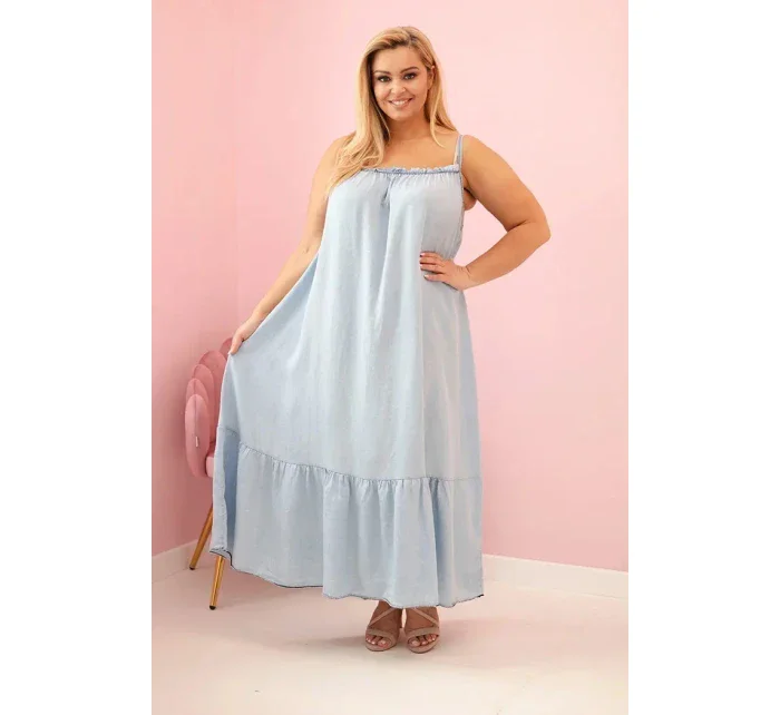 Dámské plus size šaty na ramínka s volánem světle džínová