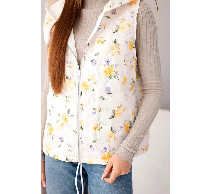 Dámská prošívaná vesta s kapucí s květinovým vzorem žlutá